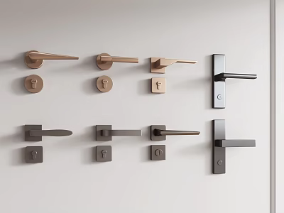 Modern Door Handles In Brushed Brass And Black Designs Displayed On White Wall 3d model