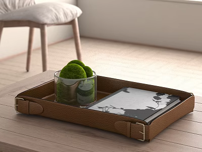 Decorative Ornament Set With Brown Leather Tray Green Moss Glass Container And Black White 3d model