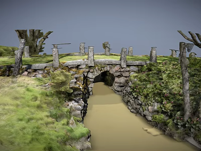 Rustic Stone Bridge Over Shallow Stream Surrounded By Green Grass And Trees 3d model
