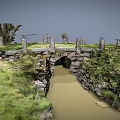 Rustic Stone Bridge Over Shallow Stream Surrounded By Green Grass And Trees 3d model