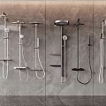 Various Modern Shower Heads Displayed On Gray Wall With Different Styles 3d model