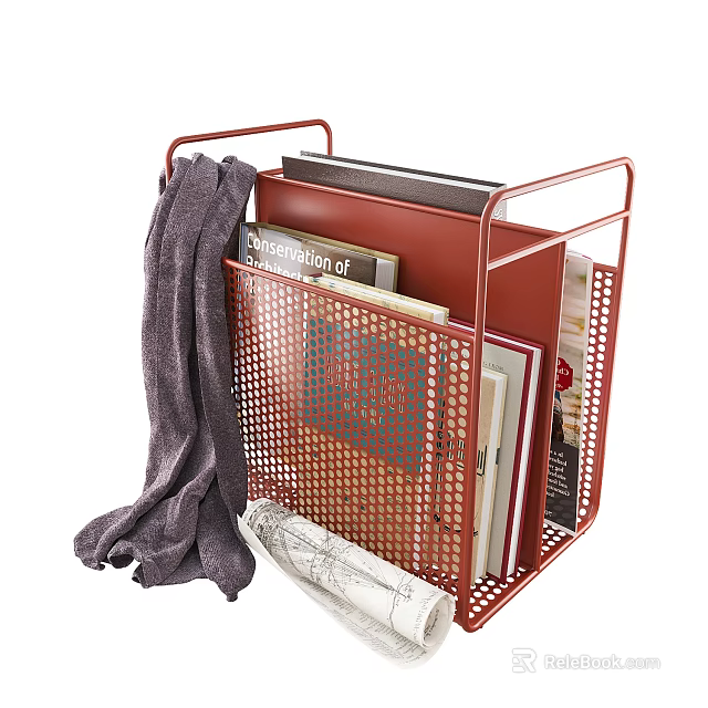 Books Magazines Stored in Red Metal Mesh Storage Basket with Gray Towel and Rolled Paper 3d model 