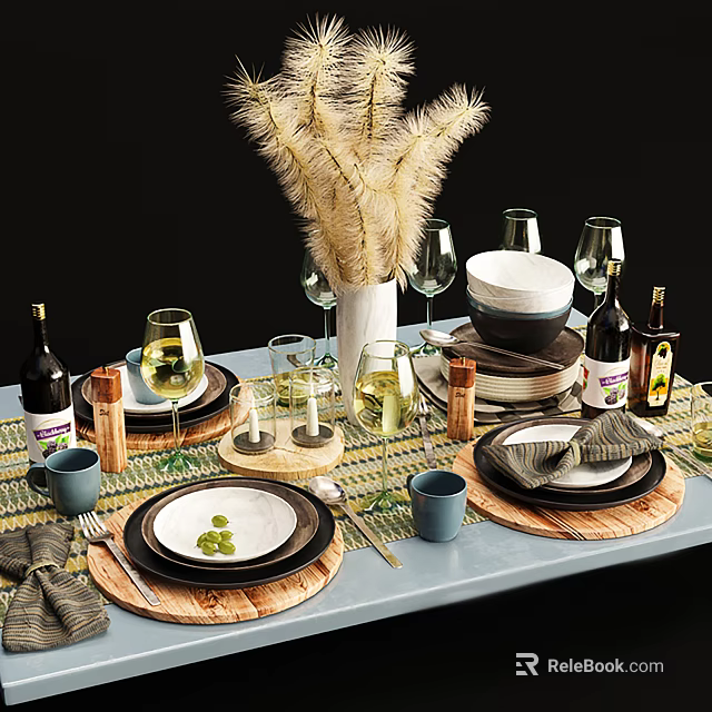 Stylish Dinnerware Set With Plates Bowls Wine Glasses Candles And Pampas Decor 3d model 