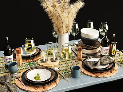Stylish Dinnerware Set With Plates Bowls Wine Glasses Candles And Pampas Decor 3d model