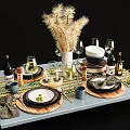 Stylish Dinnerware Set With Plates Bowls Wine Glasses Candles And Pampas Decor