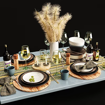 Stylish Dinnerware Set With Plates Bowls Wine Glasses Candles And Pampas Decor 3d model