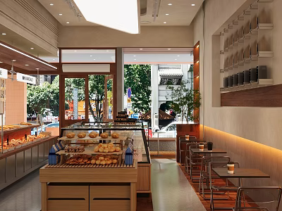 Dessert Shop Display Case Fresh Bread Pastries Wooden Elements Bright Lighting Window Seats Street View 3d model