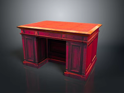 Traditional Dark Red Wooden Desk With Polished Top And Storage Drawers 3d model