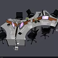 Curved Office Desk With Black Chairs Computer Monitors And Small Potted Plants In Workspace