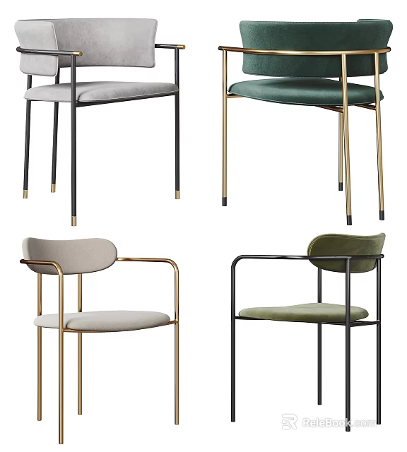 Modern Dining Chairs With Gray Green Velvet Upholstery And Black Gold Metal Frames 3d model 