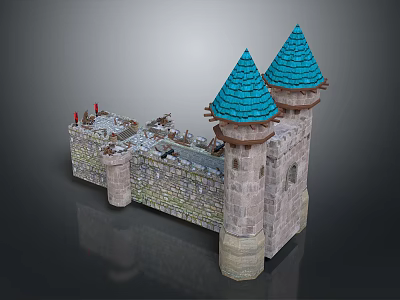 Medieval Castle Architecture Featuring Stone Walls And Two Blue Turrets Design 3d model