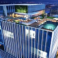 Modern High Rise Hotel Building With Glass Curtain Walls And Large Digital Screen