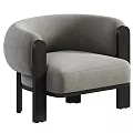Modern Beige Textured Fabric Lounge Chair With Dark Wooden Armrests Featuring Gray Striped Throw Blanket