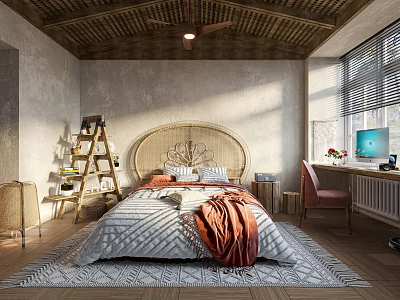 Cozy Bedroom Interior With Wooden Ceiling Rounded Headboard Geometric Quilt And Sunlight 3d model