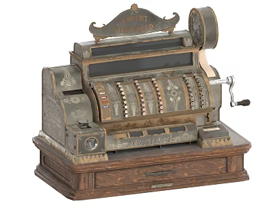 Vintage Cash Register With Ornate Metal Details And Wooden Base Drawer 3d model