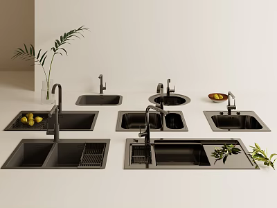 Modern Kitchen Sinks With Faucets Drain Boards And Decorative Fruits Plants 3d model