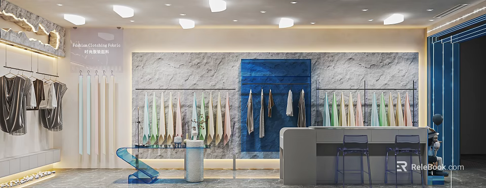 Clothing Store Interior With Gray Stone Wall Blue Panel And Light Colored Garments On Racks 3d model 