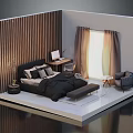 Cartoon Bedroom Scene With Wooden Wall Panels Bed Desk Chair Gray Armchair And Window Curtains