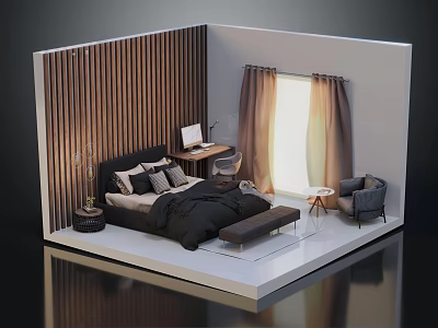 Cartoon Bedroom Scene With Wooden Wall Panels Bed Desk Chair Gray Armchair And Window Curtains 3d model