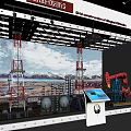 Oilfield Equipment Display With Derricks Oil Pumps Interactive Touchscreen And Mountain Landscape