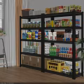 Storage Shelves Filled With Household Supplies Canned Goods Beverages And Cartons