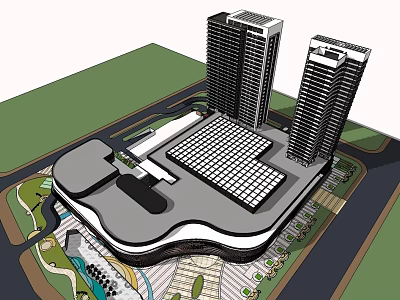 Modern Commercial Complex With Two Tall Buildings Green Areas And Open Space 3d model