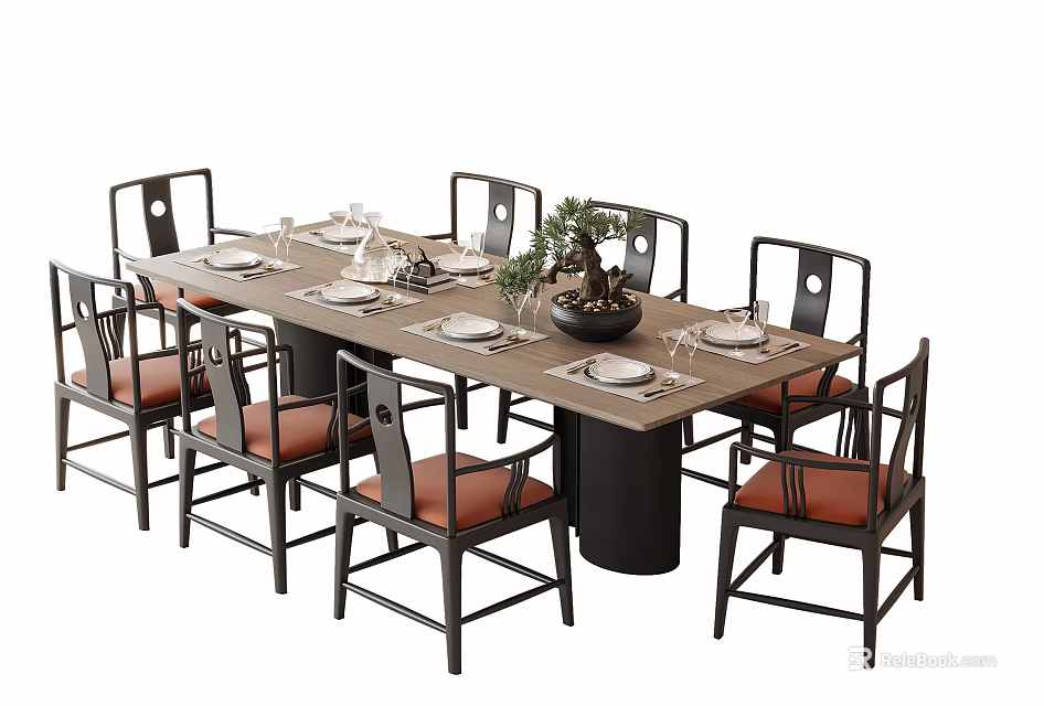 Modern Dining Table Set With Upholstered Chairs And Stylish Wooden Frame Design 3d model
