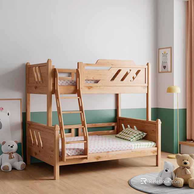 Wooden Bunk Bed With Ladder In Kids Room Green White Walls And Stuffed Bear Toys 3d model 