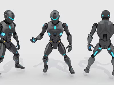 Futuristic Black Robot Models With Blue Glowing Accents From Different Angles 3d model