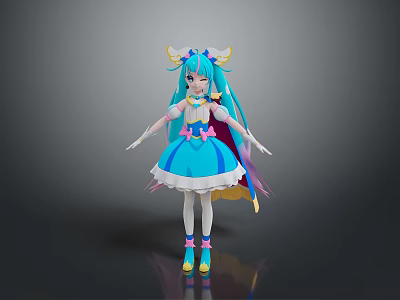 Anime Style Character With Blue Long Hair Yellow Horns Blue Dress White Stockings And Cape 3d model