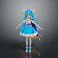Anime Style Character With Blue Long Hair Yellow Horns Blue Dress White Stockings And Cape
