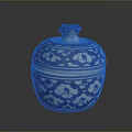 Blue and White Carved Jar with Ornate Lid and Intricate Patterns