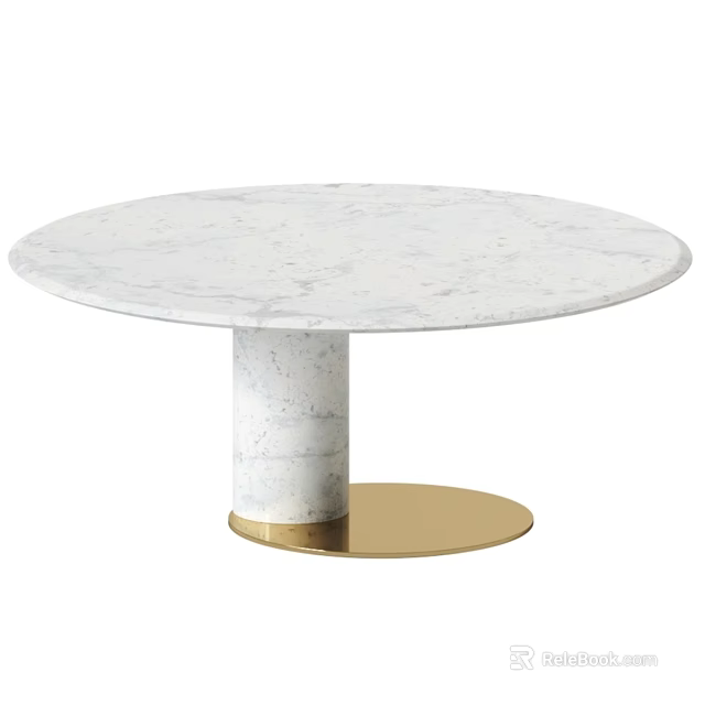 Round White Marble Dining Table With Cylindrical Base And Golden Pedestal 3d model 