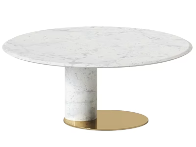 Round White Marble Dining Table With Cylindrical Base And Golden Pedestal 3d model