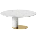 Round White Marble Dining Table With Cylindrical Base And Golden Pedestal