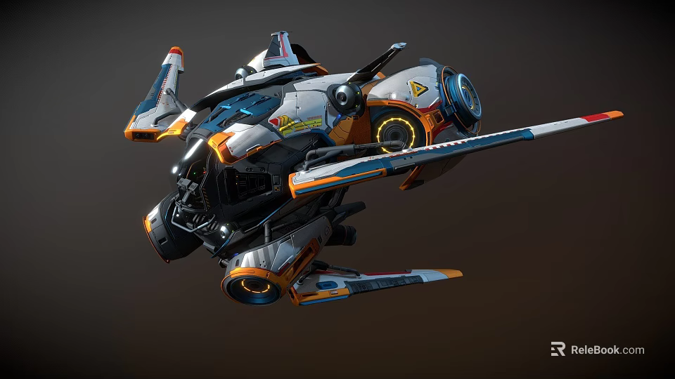 Futuristic Fighter Jet 3D Model With Detailed Orange White Blue Mechanical Design 3d model 
