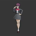 Anime Style Game Character In Gray School Uniform With Purple Hair Glasses And Pink Bow