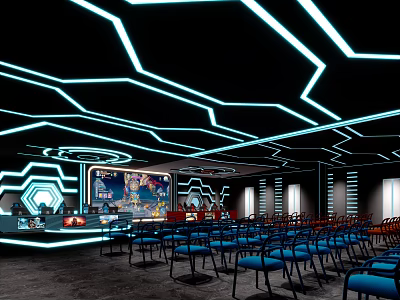 Modern Tech Style Interior With Blue Neon Geometric Ceiling Chairs Tables Bar Counter And Screen 3d model