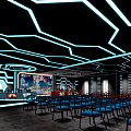 Modern Tech Style Interior With Blue Neon Geometric Ceiling Chairs Tables Bar Counter And Screen