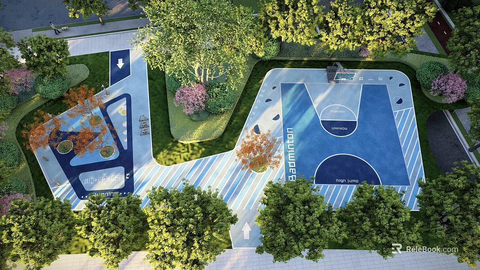 Colorful Children's Play Area With Slides Swings Green Trees And Safe Equipment 3d model 