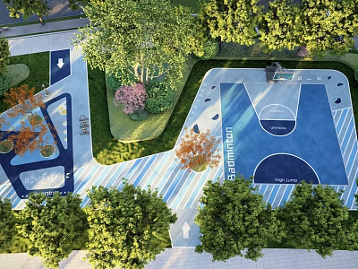 Colorful Children's Play Area With Slides Swings Green Trees And Safe Equipment 3d model
