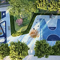 Colorful Children's Play Area With Slides Swings Green Trees And Safe Equipment