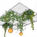 Modern Ceiling Design With Grid Structure Hanging Green Plants And Orange Pendant Lights