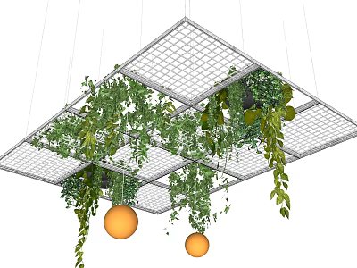 Modern Ceiling Design With Grid Structure Hanging Green Plants And Orange Pendant Lights 3d model