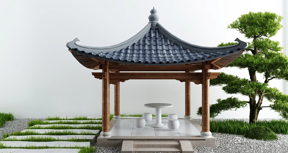 Traditional Chinese Style Pavilion With Tiled Roof Wooden Structure And Stone Table Stools On Grass Lawn 3d model 