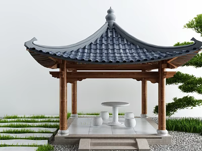 Traditional Chinese Style Pavilion With Tiled Roof Wooden Structure And Stone Table Stools On Grass Lawn 3d model