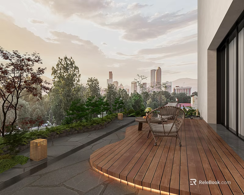Roof Garden With Wooden Deck Wicker Chairs Green Plants And City Skyline View 3d model 