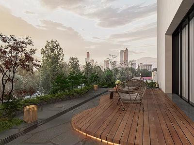 Roof Garden With Wooden Deck Wicker Chairs Green Plants And City Skyline View 3d model