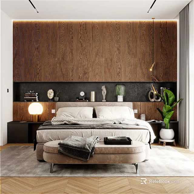 Modern Bedroom Interior Design With Wooden Slat Wall Black Shelf Decorative Vases Statues And Ottoman 3d model 