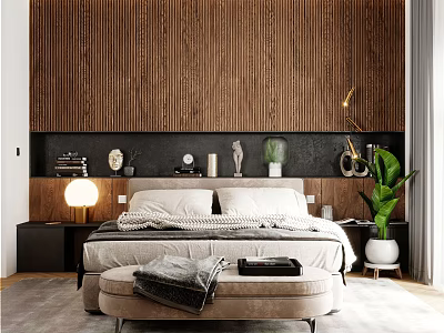 Modern Bedroom Interior Design With Wooden Slat Wall Black Shelf Decorative Vases Statues And Ottoman 3d model